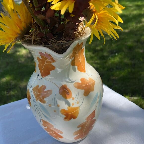 Teleflora white/orange leaves ceramic pitcher with faux flowers arrangement set - Picture 5 of 6